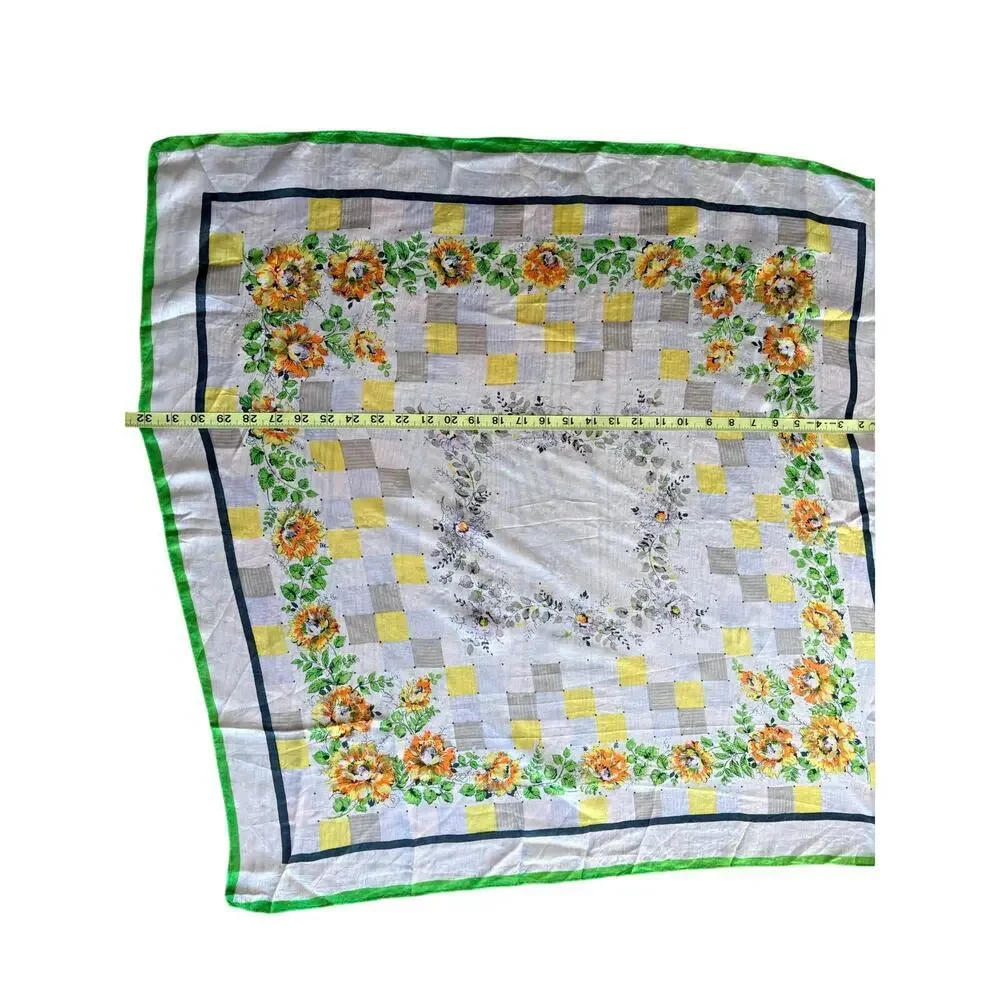 Vintage 100% Silk Floral Scarf Green Border Square 31” Cottagecore